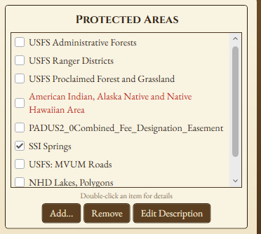 The Protected Areas group, a list of datasets with check boxes. One of them, American Indian, Alaska Native and Native Hawaiian Area, is in red and the others are in black