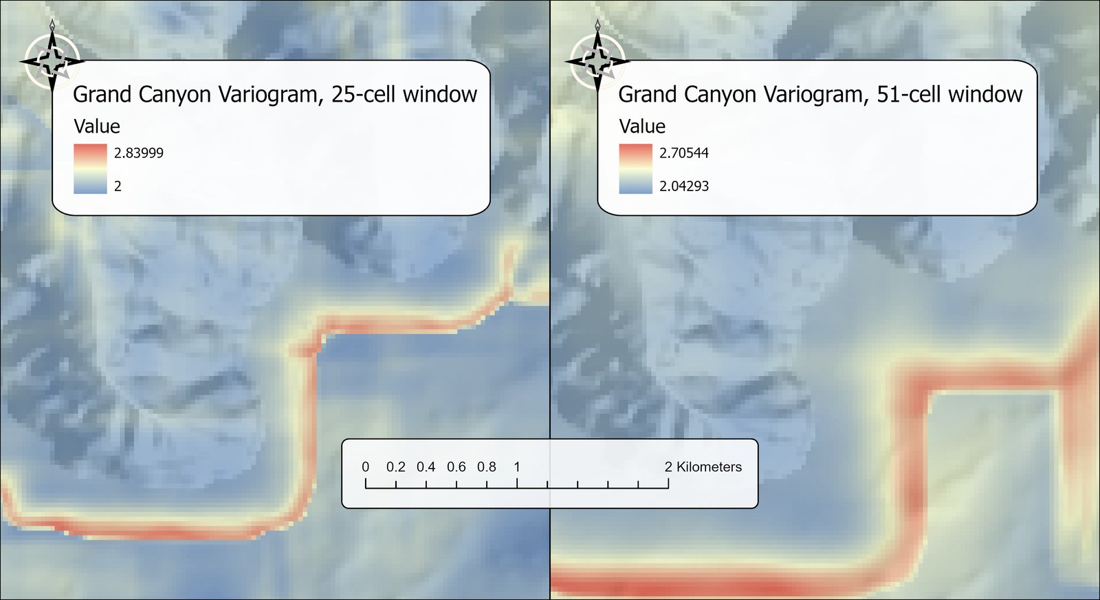 Two maps of the same stretch of Grand Canyon rim side by side, each showing the variogram fractal dimension in a blue-to-red color ramp over a gray hillshade. In the left map, made with a 25-cell window, a narrow red band of high values follows the rim a short distance back from the edge on the plateau. In the right map, made with a 51-cell window, the red band is wider and sits about twice as far back, with square corners. A scale bar across both maps runs from 0 to 2 kilometers.