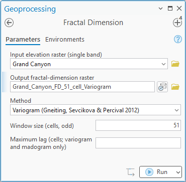 The Fractal Dimension geoprocessing pane with the dropdown closed: input Grand Canyon, output Grand_Canyon_FD_51_cell_Variogram, Method set to Variogram (Gneiting, Sevcikova and Percival 2012), Window size (cells, odd) set to 51, and below it the Maximum lag (cells; variogram and madogram only) box left blank