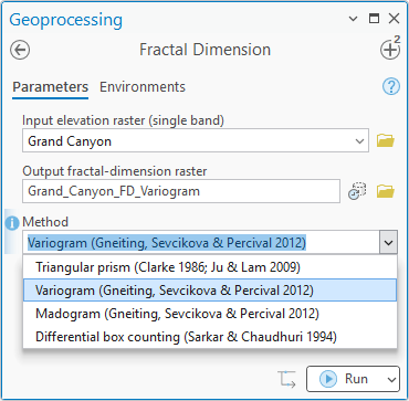 The Fractal Dimension geoprocessing pane: input elevation raster Grand Canyon, output Grand_Canyon_FD_Variogram, and the Method dropdown open showing four choices: Triangular prism (Clarke 1986; Ju and Lam 2009), Variogram (Gneiting, Sevcikova and Percival 2012), Madogram (Gneiting, Sevcikova and Percival 2012), and Differential box counting (Sarkar and Chaudhuri 1994)