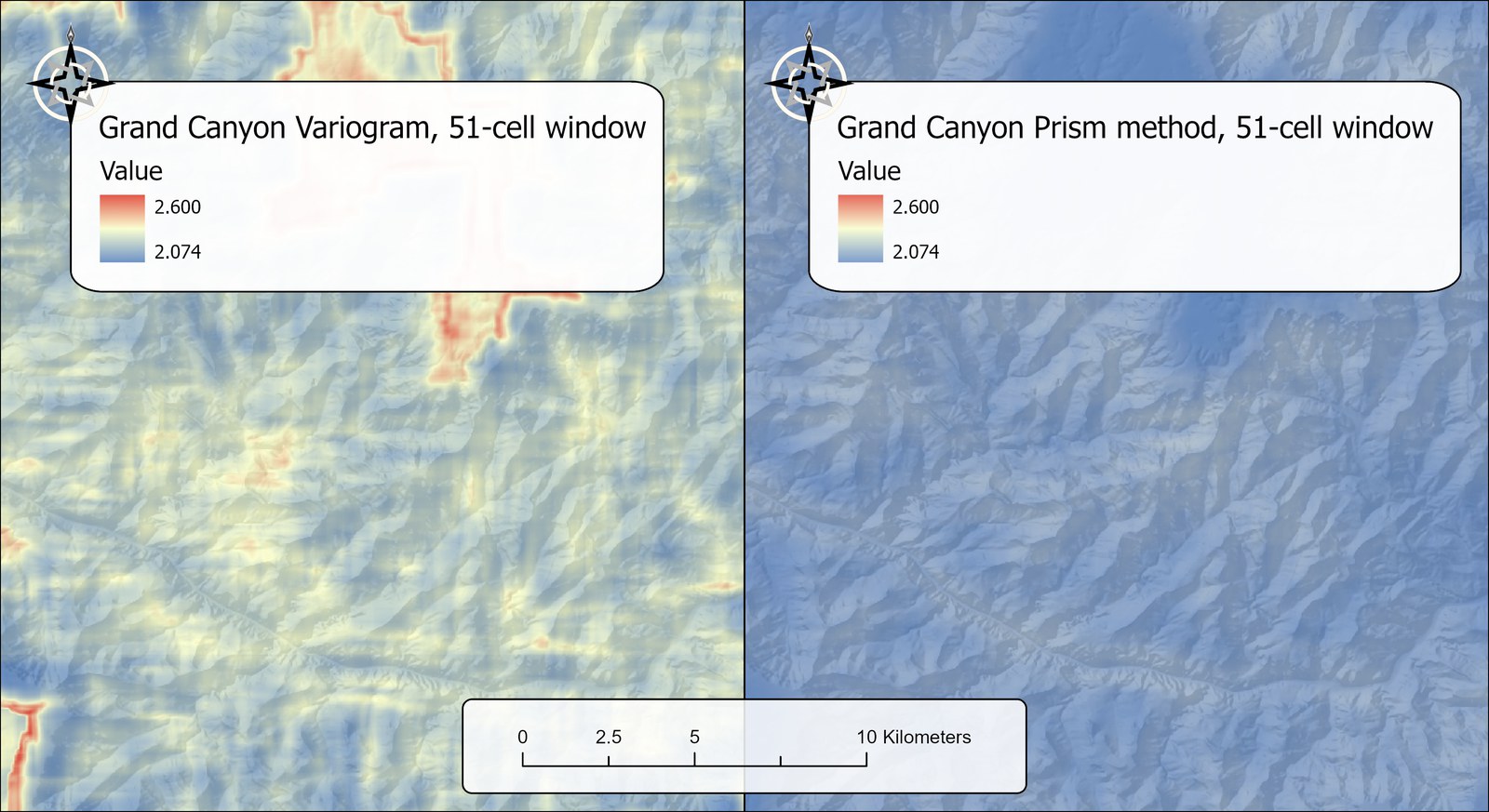 Two maps of the same area of the Grand Canyon side by side over a gray hillshade, both made with a 51-cell window and both drawn with the same blue-to-red color ramp stretched from 2.074 to 2.600. The left map, from the variogram, ranges across the whole ramp, with yellows through much of the dissected terrain and red bands in places. The right map, from the triangular prism method, is almost uniformly blue. A scale bar across both maps runs from 0 to 10 kilometers.