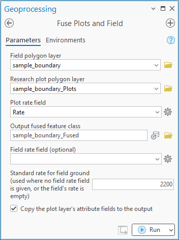 The Fuse Plots and Field dialog: field layer sample_boundary, plot layer sample_boundary_Plots, plot rate field Rate, output sample_boundary_Fused, no field rate field, standard rate 2200, copy attributes checked