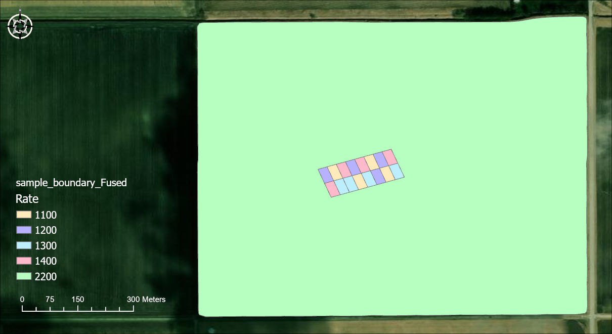 A layout of the fused feature class over an aerial photograph: the field polygon in pale green at rate 2200 with sixteen small plot polygons cut into its middle, colored by their rates of 1100 to 1400, with a legend and scale bar