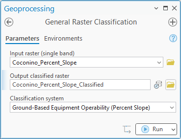 The General Raster Classification pane: input raster Coconino_Percent_Slope, output classified raster Coconino_Percent_Slope_Classified, classification system Ground-Based Equipment Operability (Percent Slope)