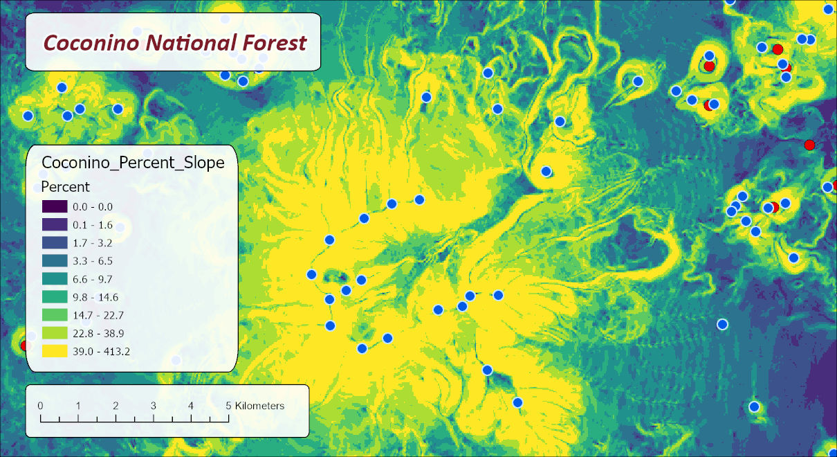 Percent slope around the San Francisco Peaks on the Coconino National Forest in nine color classes from dark purple (0 percent) through green to yellow (39 to 413 percent), with the steep flanks of the peaks and the cinder cones to the east in yellow; blue and red points mark peaks and low points; a 5 kilometer scale bar