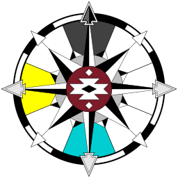 A compass rose inside a black and white ring, with arrows to the main directions, a dark gray wedge to the north, a yellow wedge to the west and a turquoise wedge to the south, and a maroon disc at the hub