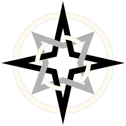 A plainer compass: a black four-pointed star over a gray four-pointed star, inside two thin rings
