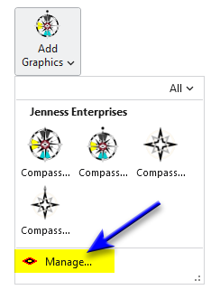 The Add Graphics gallery open on the ribbon, with Manage... at its foot highlighted in yellow and a blue arrow pointing to it