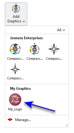 The Add Graphics button on the ribbon with its gallery open below it: four compass thumbnails under the heading Jenness Enterprises, then a heading My Graphics with one thumbnail, a round maroon logo named My_Logo, which a blue arrow points to. Manage... is at the foot of the gallery