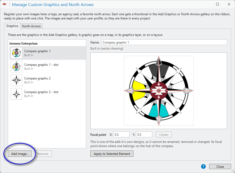 The Manage Custom Graphics and North Arrows window on its Graphics tab, listing the four built-in compass graphics, with the Add Image... button at the lower left circled in blue