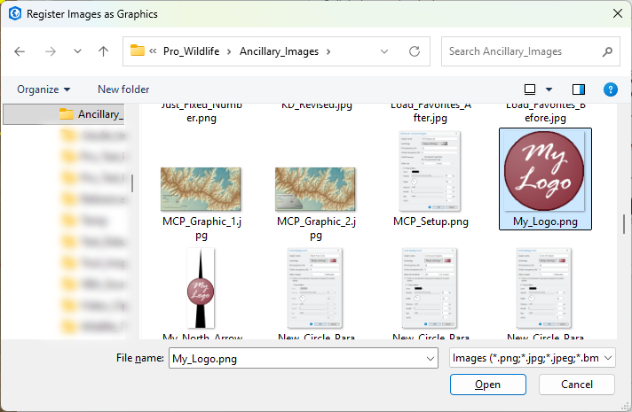 A file dialog titled Register Images as Graphics, showing a folder of images with one selected: My_Logo.png, a round maroon logo. The File name box reads My_Logo.png
