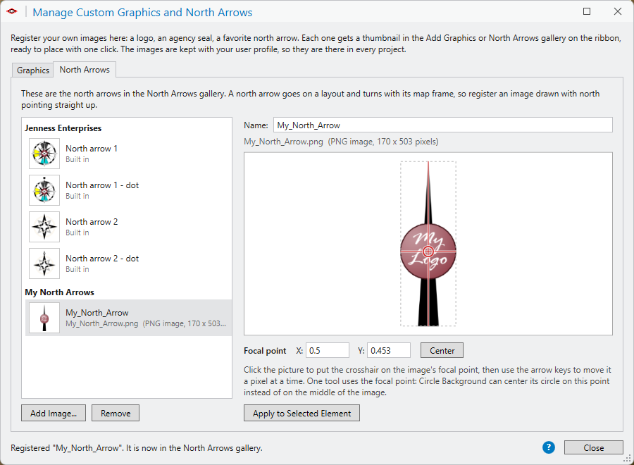The Manage Custom Graphics and North Arrows window on its North Arrows tab. The list shows four built-in north arrows under Jenness Enterprises and one under My North Arrows, named My_North_Arrow, which is selected. Its preview shows a tall black arrow with a round maroon logo on its shaft and a red crosshair on the center of the logo. The Focal point boxes read X 0.5 and Y 0.453