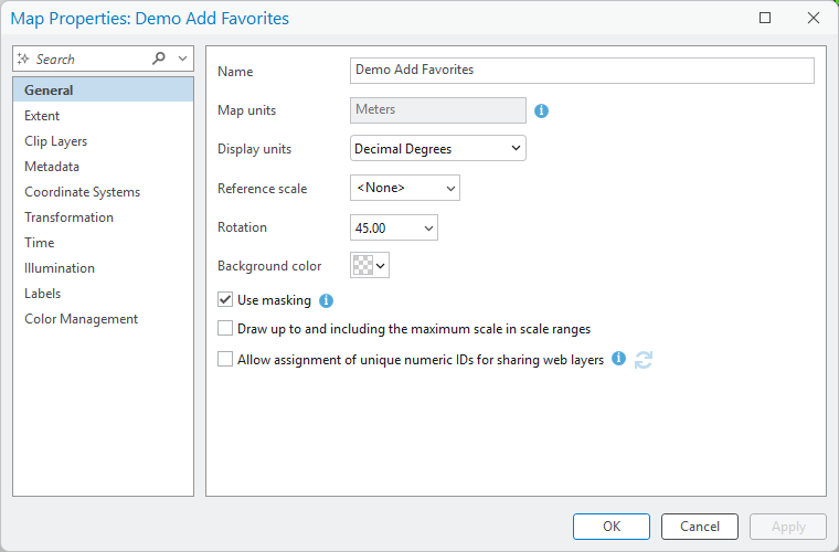 The Map Properties dialog on its General page, with the Rotation box set to 45.00
