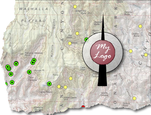 The north arrow on the layout with a pale, partly transparent circle behind it. The circle is centered on the round logo, so the point of the arrow reaches well past the top of the circle and the tail just past the bottom