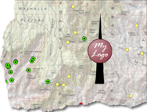 Part of a layout showing a topographic map with green and yellow point symbols, and on it a north arrow: a tall black arrow pointing straight up with a round maroon logo, reading My Logo, on its shaft
