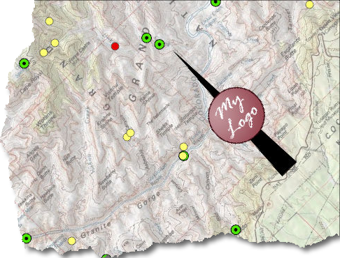 The same layout with the map turned 45 degrees: the place names now run diagonally and the north arrow points to the upper left, with its round logo turned with it