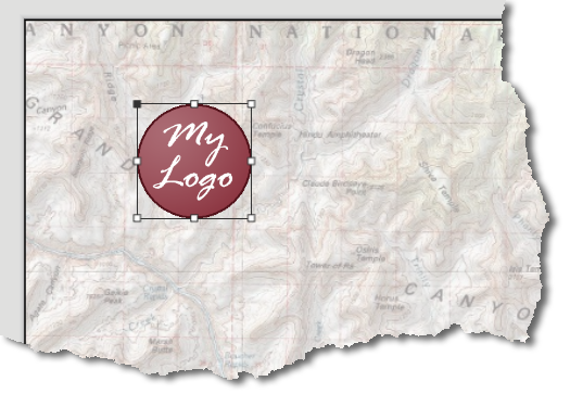 The same part of the layout with the round maroon logo, reading My Logo, now in the place where the box was drawn, with selection handles around it