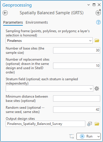 The Spatially Balanced Sample (GRTS) geoprocessing pane filled in: sampling frame Pinalenos, 30 base sites, 10 replacement sites, stratum field left blank, random seed 42, and the output named Pinalenos_Spatially_Balanced_Survey