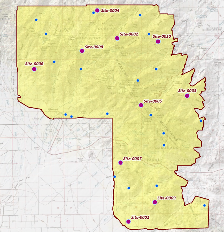 A 30-site spatially balanced sample over the mountain-range boundary, with the first ten sites drawn larger in magenta and labeled Site-0001 through Site-0010, scattered evenly across the whole area; the remaining twenty sites are smaller blue dots filling in between them