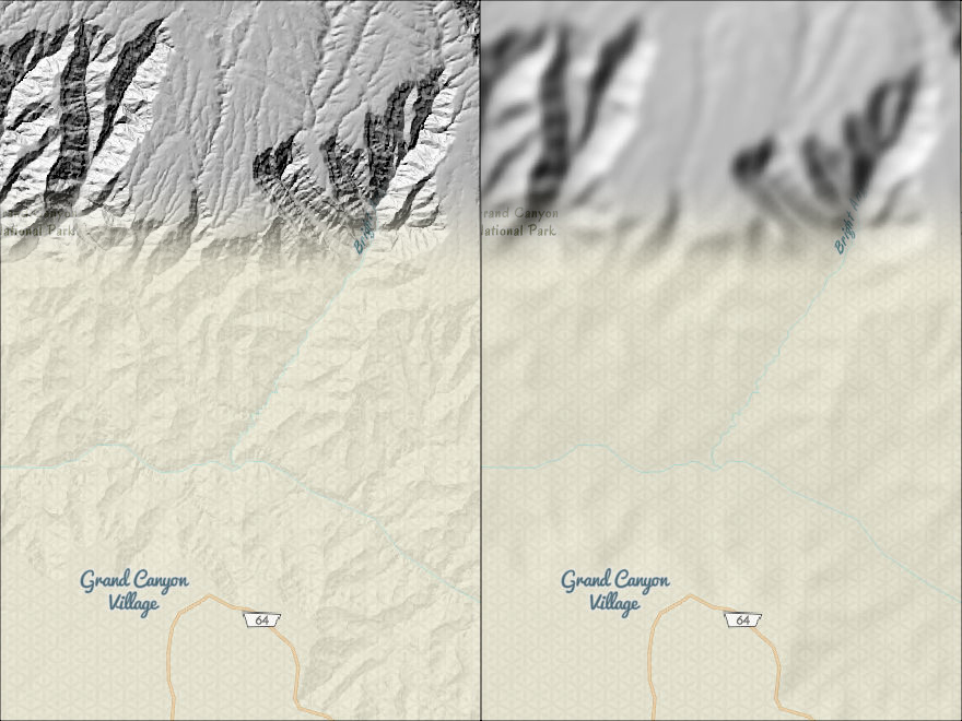 Two panels of the same map of the South Rim of the Grand Canyon, with a pale basemap showing Grand Canyon Village, Highway 64 and a creek laid over a hillshade, and the basemap fading out toward the top to show the hillshade alone. In the left panel the hillshade is crisp and its fine texture of gullies shows through the basemap. In the right panel the hillshade is blurred, and only soft, broad relief shows behind the basemap