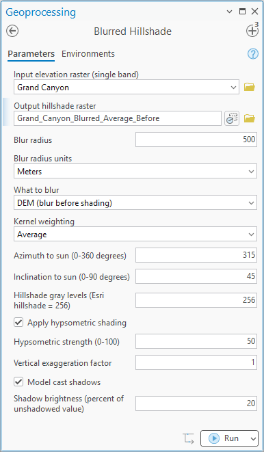 The Blurred Hillshade geoprocessing pane with Grand Canyon as the input elevation raster, output Grand_Canyon_Blurred_Average_Before, blur radius 500, units Meters, What to blur set to DEM (blur before shading), kernel weighting Average, and the same sun, hypsometric and shadow settings as the earlier runs