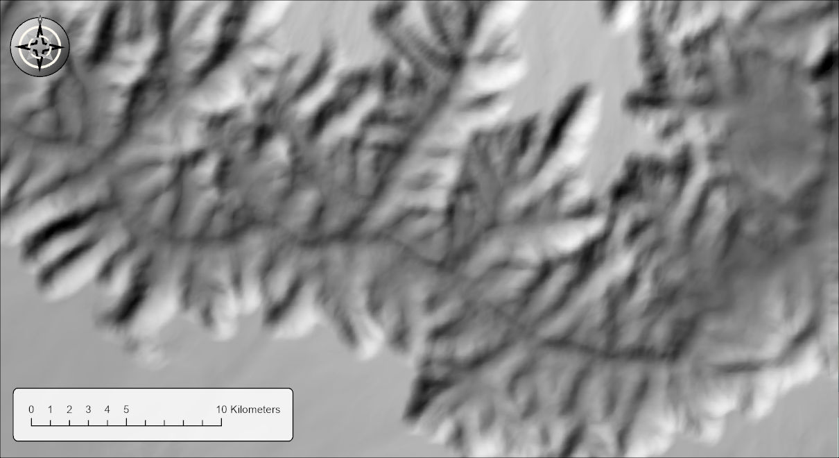 A hillshade of the Grand Canyon made from a DEM smoothed with an equally weighted circular average: much like the Gaussian version, with smooth rounded landforms, but with a faint fine texture left on the slopes
