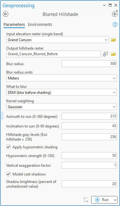 The Blurred Hillshade geoprocessing pane with Grand Canyon as the input elevation raster, output Grand_Canyon_Blurred_Before, blur radius 500, units Meters, What to blur set to DEM (blur before shading), kernel weighting Gaussian, azimuth 315, inclination 45, hypsometric shading checked at strength 50, vertical exaggeration 1, and cast shadows checked at 20 percent brightness