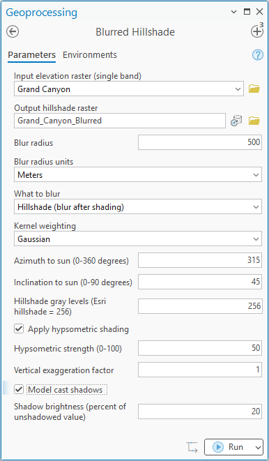 The Blurred Hillshade geoprocessing pane with Grand Canyon as the input elevation raster, output Grand_Canyon_Blurred, blur radius 500, units Meters, What to blur set to Hillshade (blur after shading), kernel weighting Gaussian, azimuth 315, inclination 45, hypsometric shading checked at strength 50, vertical exaggeration 1, and cast shadows checked at 20 percent brightness