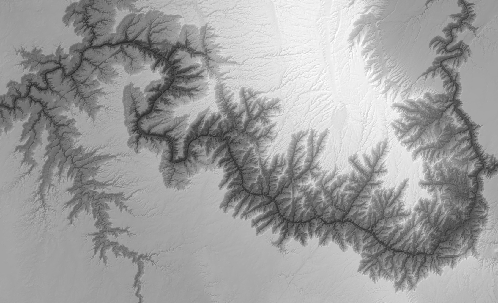 A gray hillshade of the Grand Canyon seen from above: the main gorge winds from the left edge across the lower middle of the image and up the right side, with a dense branching texture of side canyons along both rims, and the low country of the inner canyon darkened toward charcoal while the high plateaus fade to white