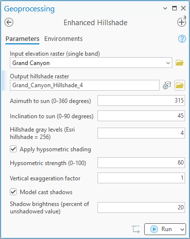 The Enhanced Hillshade geoprocessing pane with Grand Canyon as the input elevation raster, output Grand_Canyon_Hillshade_4, azimuth 315, inclination 45, hillshade gray levels 4, hypsometric shading checked at strength 60, vertical exaggeration 1, and cast shadows checked at 20 percent brightness