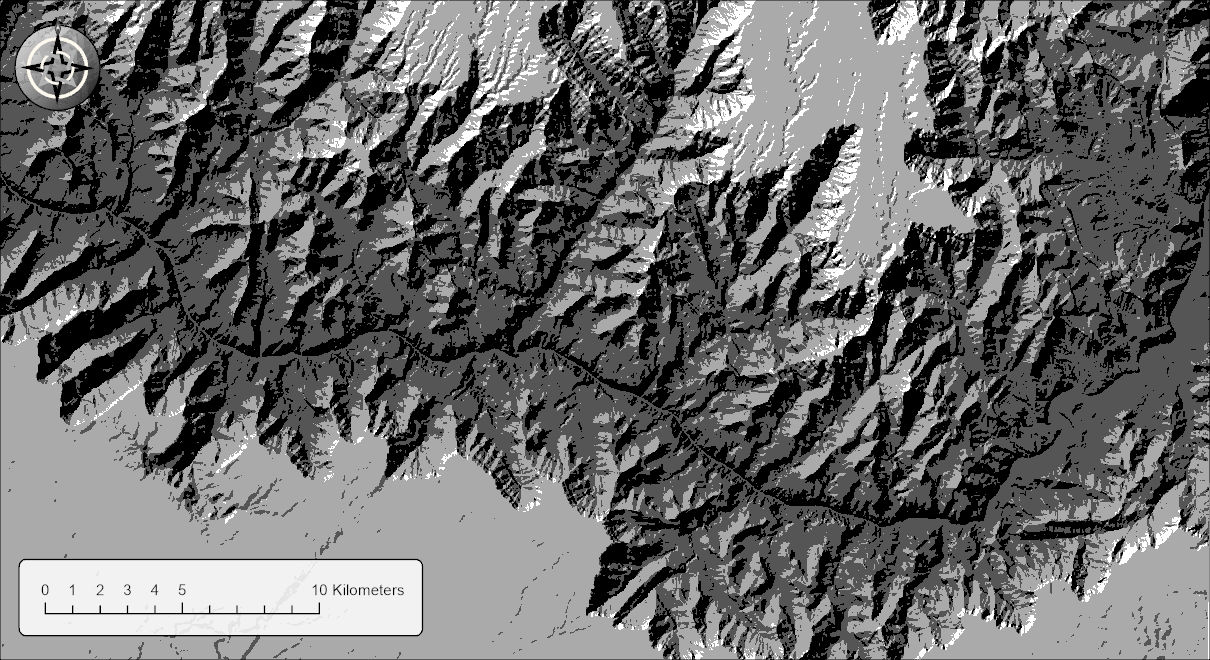 A hillshade of the Grand Canyon drawn in only four flat tones: black in the cast shadows and the inner gorge, a dark gray and a light gray on the canyon slopes and plateaus, and white on the brightest sunlit faces