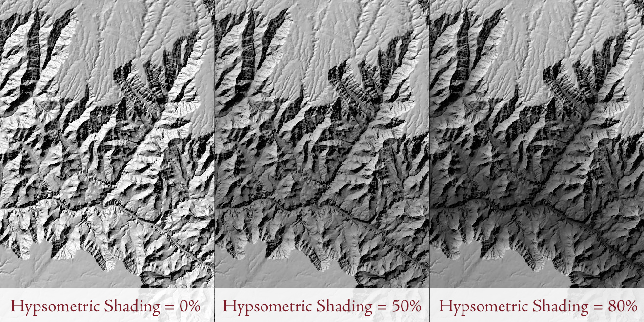 Three panels of the same hillshade of the Grand Canyon, labeled Hypsometric Shading = 0%, 50% and 80%. The first is evenly lit from rim to river; in the second the inner canyon is noticeably darker than the plateaus; in the third the inner canyon is darkened almost to black while the high plateaus stay as bright as in the first