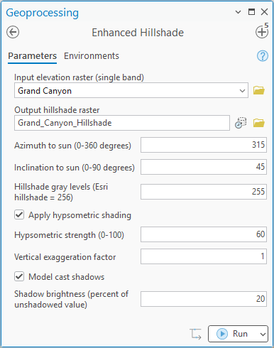 The Enhanced Hillshade geoprocessing pane with Grand Canyon as the input elevation raster, output Grand_Canyon_Hillshade, azimuth 315, inclination 45, hypsometric shading checked at strength 60, vertical exaggeration 1, and cast shadows checked at 20 percent brightness