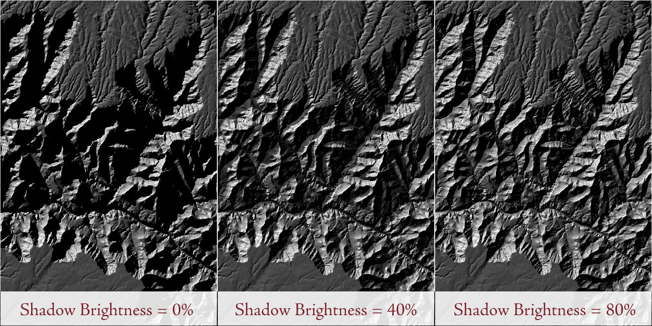 Three panels of the same hillshade of the Grand Canyon under a low sun, labeled Shadow Brightness = 0%, 40% and 80%. In the first the cast shadows are solid black and hide the ground inside them; in the second the shadows are dark but the ridges and gullies inside them are visible; in the third the shadows are only slightly darker than the ground around them