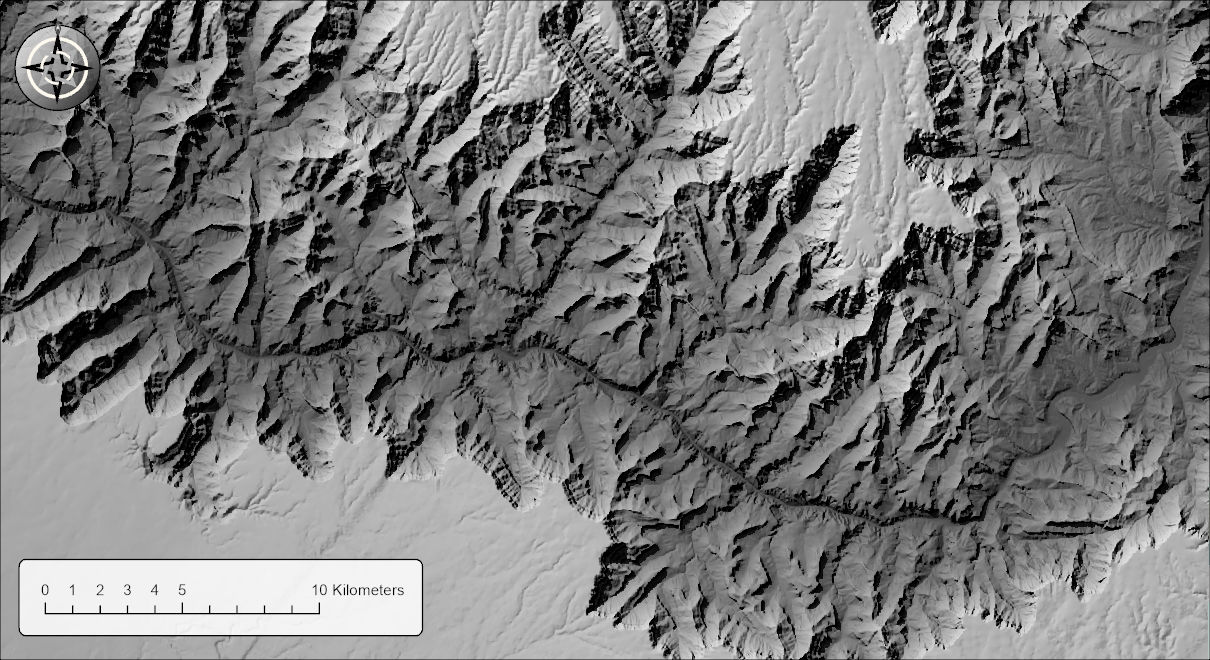 The same layers with the Darken blend mode: between the Normal and Multiply versions in overall darkness, with deep shadows and the sunlit slopes of the low country toned down toward the gray of their elevation
