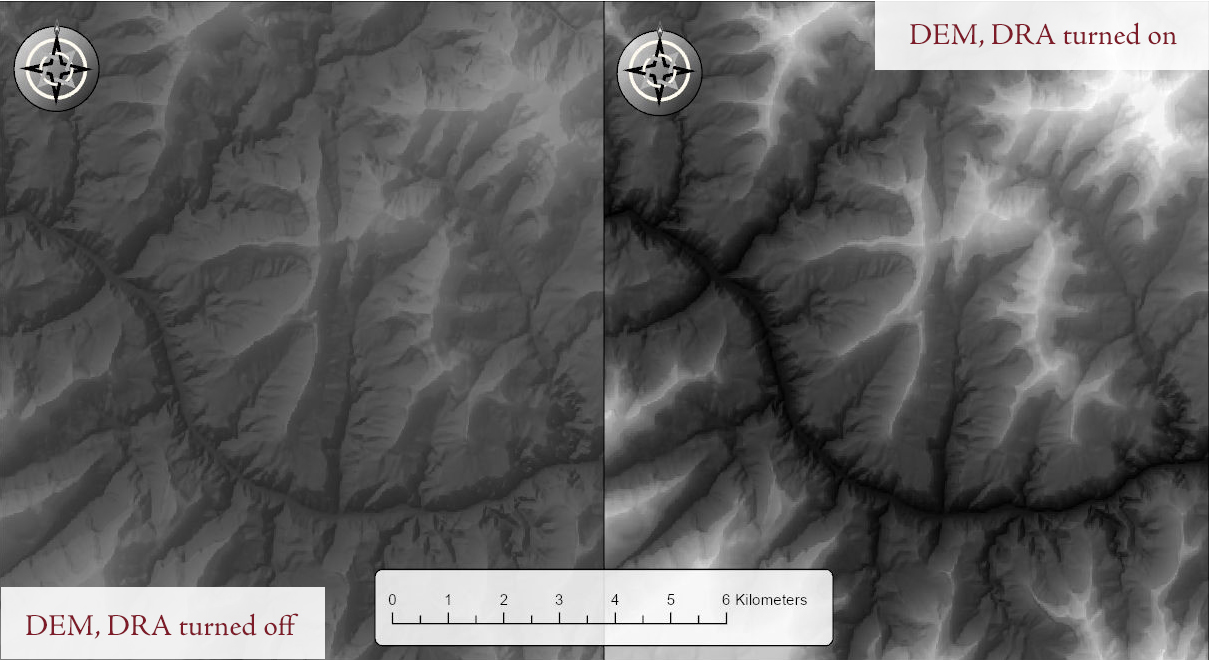 A close view of canyon country with a nearly opaque black-to-white elevation layer over a hillshade, split down the middle. The left half, labeled DEM, DRA turned off, is a flat dark gray with little difference between the canyon floors and the ridges. The right half, labeled DEM, DRA turned on, runs from black in the canyon bottoms to white on the highest ground