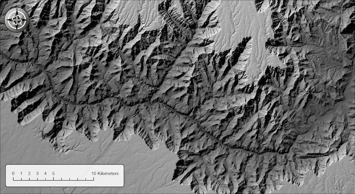 The same layers with the Multiply blend mode: the darkest of the versions, with deep black shadows and inner canyon, and the hillshade's full contrast kept on the high plateaus