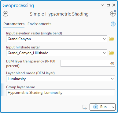 The Simple Hypsometric Shading geoprocessing pane with Grand Canyon as the input elevation raster, Grand_Canyon_Hillshade as the input hillshade raster, DEM layer transparency 40, layer blend mode Luminosity, and the group layer name Hypsometric Shading, Luminosity