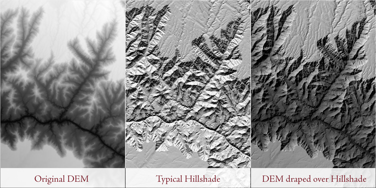 Three panels of the same part of the Grand Canyon. The first, labeled Original DEM, is the elevation raster in black to white, with the inner canyon and its branching side canyons dark and the plateaus pale. The second, labeled Typical Hillshade, is an ordinary gray hillshade, evenly lit from rim to river. The third, labeled DEM draped over Hillshade, is the hillshade with the low country of the canyon darkened and the plateaus left bright