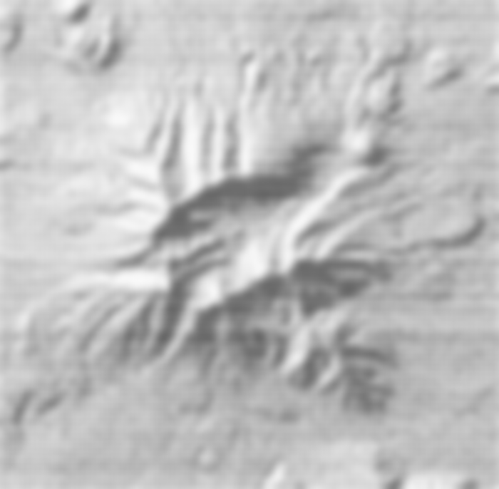 The same line-printer hillshade after blurring: the dots and bars have merged into smooth gray tones, and the volcano and its drainages read as continuous shaded relief
