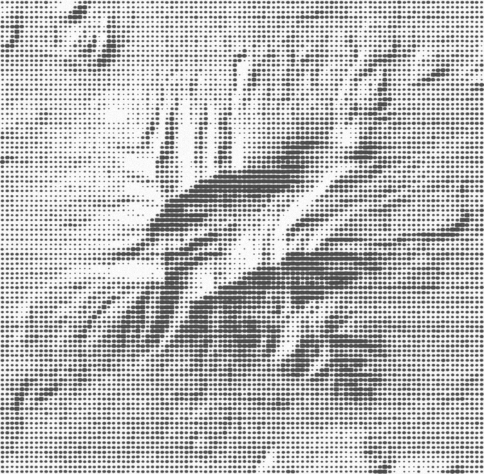 A hillshade of a volcano with radiating drainages, printed as a grid of dark-gray dots on white paper, one dot per cell; the dots grow larger in shade and merge into horizontal bars in the darkest areas, with thin white lines between the printed rows