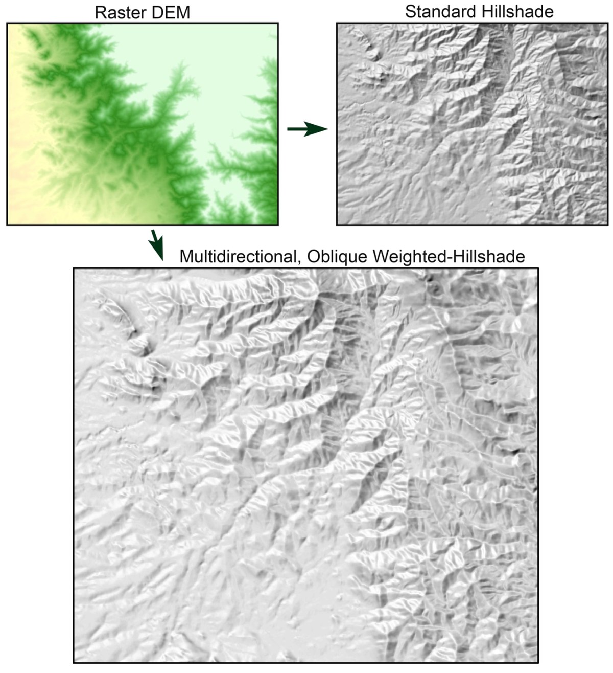 Three panels: a raster DEM in a yellow-to-green elevation ramp, with an arrow to a standard gray hillshade of it, and an arrow down to a larger multidirectional oblique-weighted hillshade of the same ground, which is paler overall and shows fine ridges and drainages picked out on slopes of every orientation