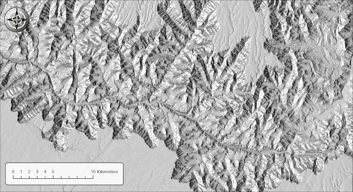 A multidirectional hillshade of the Grand Canyon: paler overall than a single-sun hillshade, with fine ridges and gullies picked out on canyon walls of every orientation and no large areas of solid shadow
