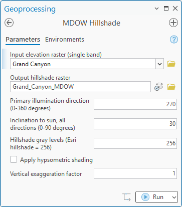 The MDOW Hillshade geoprocessing pane with Grand Canyon as the input elevation raster, output Grand_Canyon_MDOW, primary illumination direction 270, inclination 30, hillshade gray levels 256, hypsometric shading unchecked, and vertical exaggeration 1