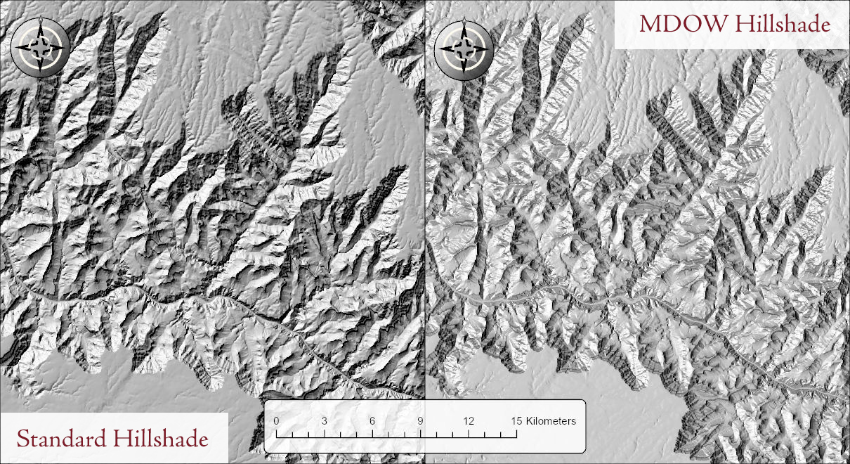 A map of the Grand Canyon split down the middle. The left half, labeled Standard Hillshade, has broad bright slopes and broad dark slopes with little detail on either. The right half, labeled MDOW Hillshade, is paler overall and shows fine ridges and gullies on slopes of every orientation