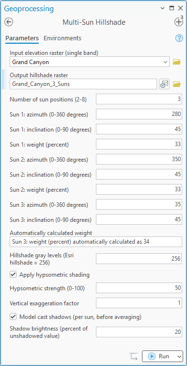 The Multi-Sun Hillshade geoprocessing pane with Grand Canyon as the input elevation raster, output Grand_Canyon_3_Suns, and number of sun positions 3. Sun 1 has azimuth 280, inclination 45 and weight 33; sun 2 has azimuth 350, inclination 45 and weight 33; sun 3 has azimuth 35 and inclination 45 and no weight box. A line labeled Automatically calculated weight reads Sun 3: weight (percent) automatically calculated as 34. Below are the gray levels, hypsometric shading checked at strength 50, vertical exaggeration 1, and cast shadows checked at 20 percent brightness