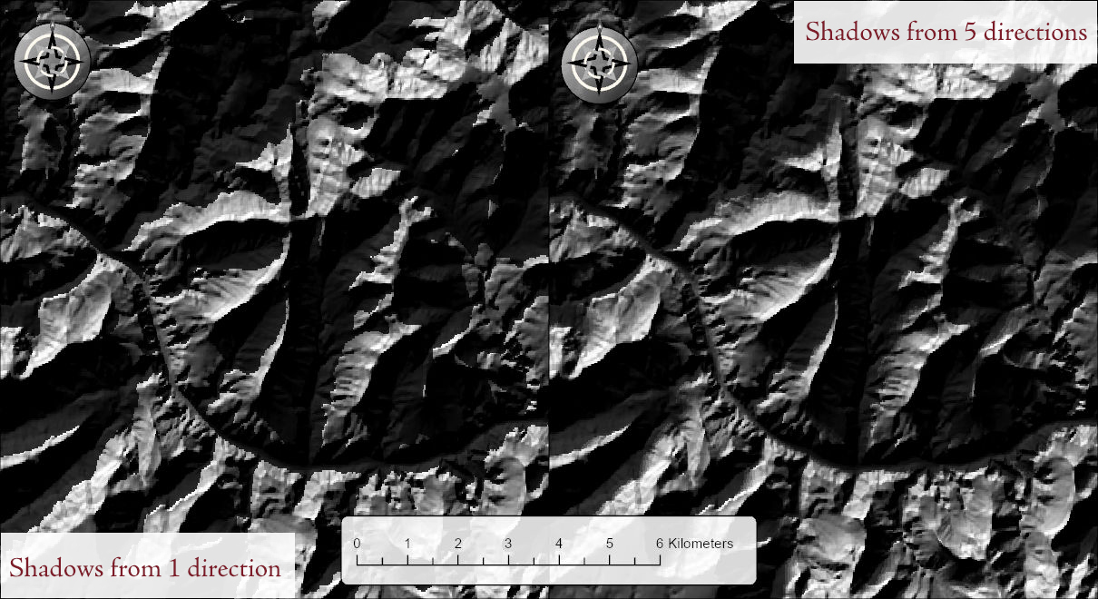 A close view of canyon country under a low sun, split down the middle. The left half, labeled Shadows from 1 direction, has dark cast shadows with hard, sharp edges. The right half, labeled Shadows from 5 directions, has the same shadows with soft edges that fade gradually into the sunlit ground