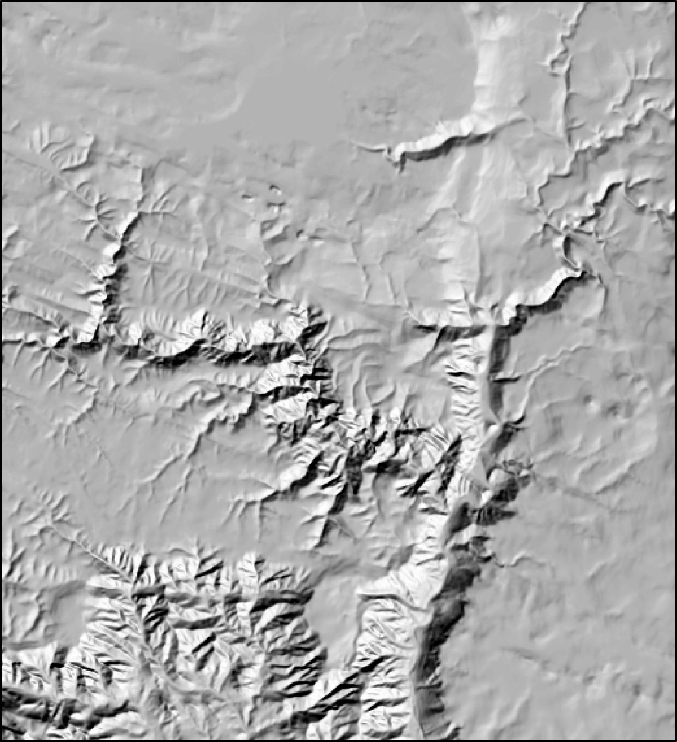 A gray hillshade of Oak Creek Canyon lit from the southeast: to most viewers the canyon and its side canyons appear as bright raised ridges standing above the surrounding plateau