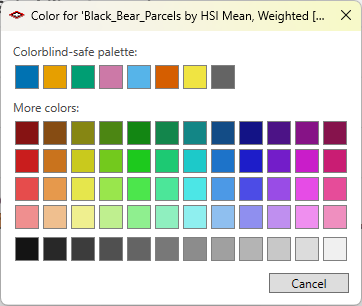 The Color dialog for a dataset: a colorblind-safe palette of eight colors on top, and a larger grid of more colors below