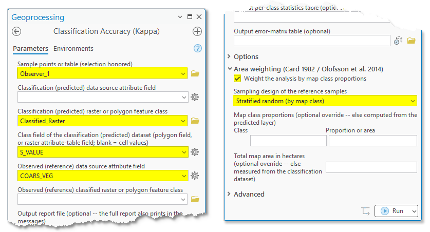 The Classification Accuracy (Kappa) dialog in two pieces: the top half with Observer_1, Classified_Raster, S_VALUE and COARS_VEG entered, and the lower half with the map-class-proportion weighting checked and Stratified random selected